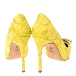 Pre Owned Carolina Herrera Yellow Lace And Satin Crystal Embellished Pointed Toe Pumps Size 40