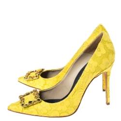 Pre Owned Carolina Herrera Yellow Lace And Satin Crystal Embellished Pointed Toe Pumps Size 40