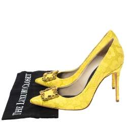 Pre Owned Carolina Herrera Yellow Lace And Satin Crystal Embellished Pointed Toe Pumps Size 40