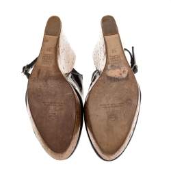 Pre Owned Carolina Herrera Black Patent Cork Wedge Platform Slingback Sandals Size 37