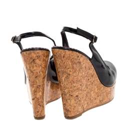 Pre Owned Carolina Herrera Black Patent Cork Wedge Platform Slingback Sandals Size 37