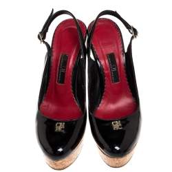 Pre Owned Carolina Herrera Black Patent Cork Wedge Platform Slingback Sandals Size 37