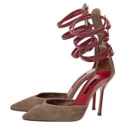 Pre Owned  Carolina Herrera Beige Suede And Red Leather Strappy Pointed Toe Pumps Size 38