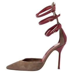 Pre Owned  Carolina Herrera Beige Suede And Red Leather Strappy Pointed Toe Pumps Size 38