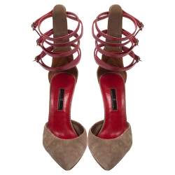 Pre Owned  Carolina Herrera Beige Suede And Red Leather Strappy Pointed Toe Pumps Size 38