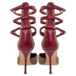 Pre Owned  Carolina Herrera Beige Suede And Red Leather Strappy Pointed Toe Pumps Size 38