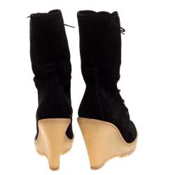 مملوكة مسبقًا حذاء بوت منتصف ساق كارولينا هيريرا رباط علوي و نعل سميك و كعب روكي مطاط و سويدي أسود مقاس 38