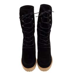 مملوكة مسبقًا حذاء بوت منتصف ساق كارولينا هيريرا رباط علوي و نعل سميك و كعب روكي مطاط و سويدي أسود مقاس 38