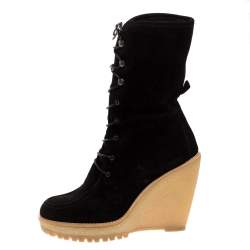 مملوكة مسبقًا حذاء بوت منتصف ساق كارولينا هيريرا رباط علوي و نعل سميك و كعب روكي مطاط و سويدي أسود مقاس 38