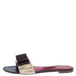 Carolina Herrera Brown CH Logo Coated Canvas Bow Detail Flat Slides Size 38