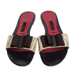 Carolina Herrera Brown CH Logo Coated Canvas Bow Detail Flat Slides Size 38