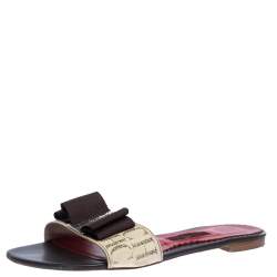 Carolina Herrera Brown CH Logo Coated Canvas Bow Detail Flat Slides Size 38