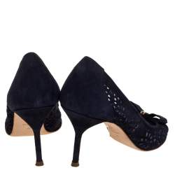 Pre Owned Carolina Herrera Blue Suede Lasercut Bow Peep Toe Pumps Size 40