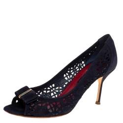 Pre Owned Carolina Herrera Blue Suede Lasercut Bow Peep Toe Pumps Size 40