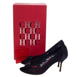 Pre Owned Carolina Herrera Blue Suede Lasercut Bow Peep Toe Pumps Size 40