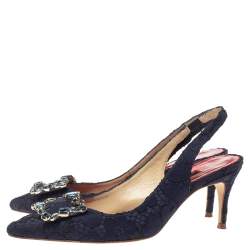 Pre Owned Carolina Herrera Blue Lace Pointed Toe Slingback Sandals Size 36