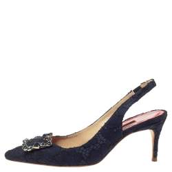 Pre Owned Carolina Herrera Blue Lace Pointed Toe Slingback Sandals Size 36