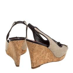 مملوكة مسبقًا CH Carolina Herrera Beige Canvas And Leather Trim Bow Cork Wedge Slingback Sandals Size 38