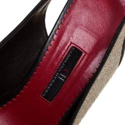 مملوكة مسبقًا CH Carolina Herrera Beige Canvas And Leather Trim Bow Cork Wedge Slingback Sandals Size 38