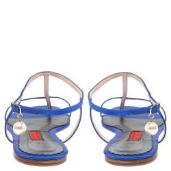 Pre Owned Carolina Herrera Blue Satin Pearl Logo T Strap Flat Sandals Size 41
