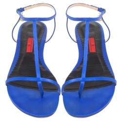 Pre Owned Carolina Herrera Blue Satin Pearl Logo T Strap Flat Sandals Size 41