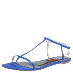 Pre Owned Carolina Herrera Blue Satin Pearl Logo T Strap Flat Sandals Size 41