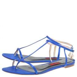 Pre Owned Carolina Herrera Blue Satin Pearl Logo T Strap Flat Sandals Size 41