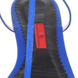 Pre Owned Carolina Herrera Blue Satin Pearl Logo T Strap Flat Sandals Size 41