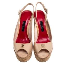 Carolina Herrera Beige Patent Leather Cork Wedge Platform Peep Toe Slingback Sandals Size 38