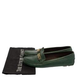 Pre Owned Carolina Herrera Green Leather Logo Detail Slip On Loafers Size 39