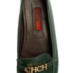Pre Owned Carolina Herrera Green Leather Logo Detail Slip On Loafers Size 39