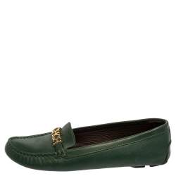 Pre Owned Carolina Herrera Green Leather Logo Detail Slip On Loafers Size 39
