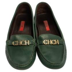 Pre Owned Carolina Herrera Green Leather Logo Detail Slip On Loafers Size 39
