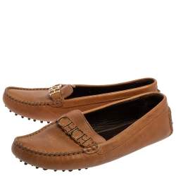 Pre Owned Carolina Herrera Tan Leather Logo CHHC Loafers Size 38