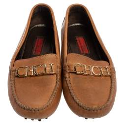 Pre Owned Carolina Herrera Tan Leather Logo CHHC Loafers Size 38