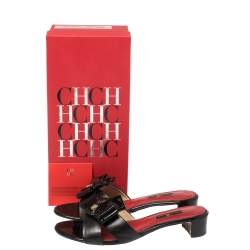 Pre Owned Carolina Herrera Black Leather and Patent Leather Bow Slide Sandals Size 39