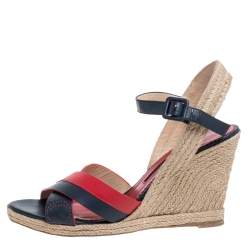Pre Owned Carolina Herrera Red Black Leather Criss Cross Wedge Espadrille Ankle Strap Sandals Size 41