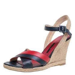 Pre Owned Carolina Herrera Red Black Leather Criss Cross Wedge Espadrille Ankle Strap Sandals Size 41