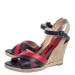 Pre Owned Carolina Herrera Red Black Leather Criss Cross Wedge Espadrille Ankle Strap Sandals Size 41