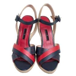Pre Owned Carolina Herrera Red Black Leather Criss Cross Wedge Espadrille Ankle Strap Sandals Size 41