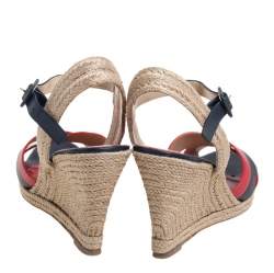 Pre Owned Carolina Herrera Red Black Leather Criss Cross Wedge Espadrille Ankle Strap Sandals Size 41