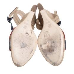 Pre Owned Carolina Herrera Red Black Leather Criss Cross Wedge Espadrille Ankle Strap Sandals Size 41