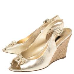 Pre Owned Carolina Herrera Gold Leather Peep Toe Bow Espadrille Wedge Sandals Size 37