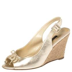 Pre Owned Carolina Herrera Gold Leather Peep Toe Bow Espadrille Wedge Sandals Size 37