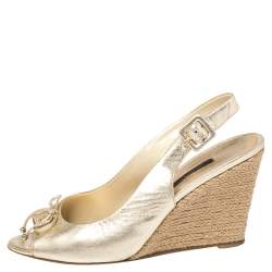 Pre Owned Carolina Herrera Gold Leather Peep Toe Bow Espadrille Wedge Sandals Size 37