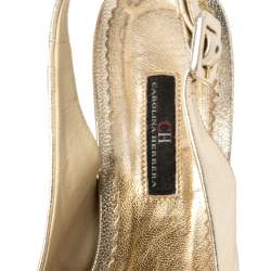 Pre Owned Carolina Herrera Gold Leather Peep Toe Bow Espadrille Wedge Sandals Size 37