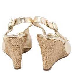 Pre Owned Carolina Herrera Gold Leather Peep Toe Bow Espadrille Wedge Sandals Size 37