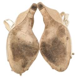 Pre Owned Carolina Herrera Gold Leather Peep Toe Bow Espadrille Wedge Sandals Size 37