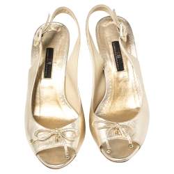 Pre Owned Carolina Herrera Gold Leather Peep Toe Bow Espadrille Wedge Sandals Size 37