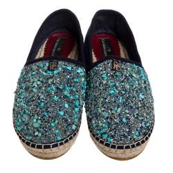  Carolina Herrera Blue Canvas Embellished Espadrilles Size 38